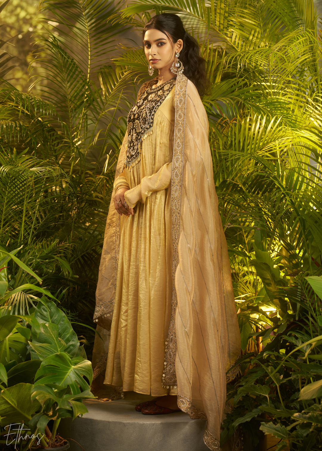 Beige Zardozi Organza Kalidar Kurta & Dupatta Set