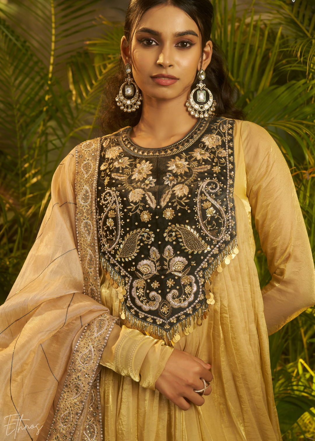 Beige Zardozi Organza Kalidar Kurta & Dupatta Set
