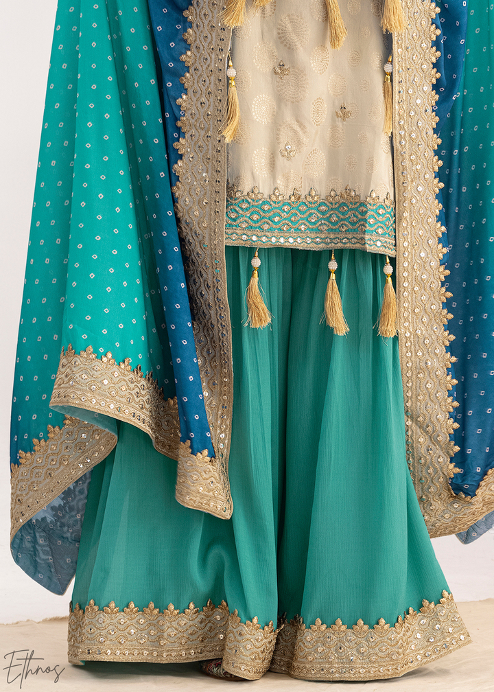 Beige & Blue Simmer Jaquard Sharara Suit