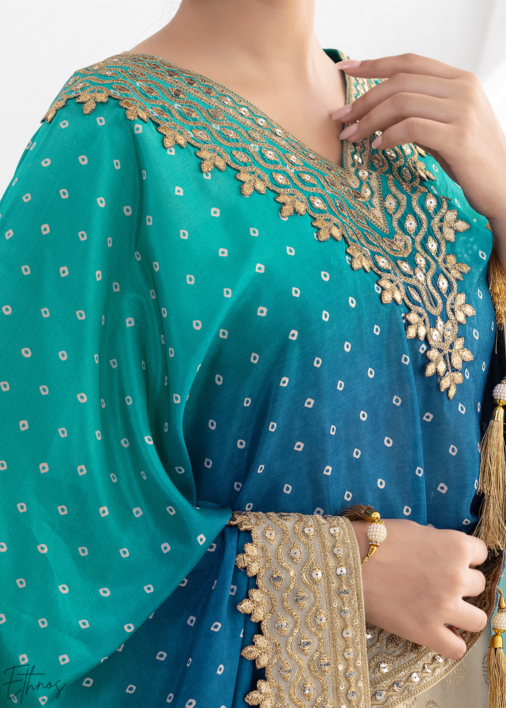 Beige & Blue Simmer Jaquard Sharara Suit
