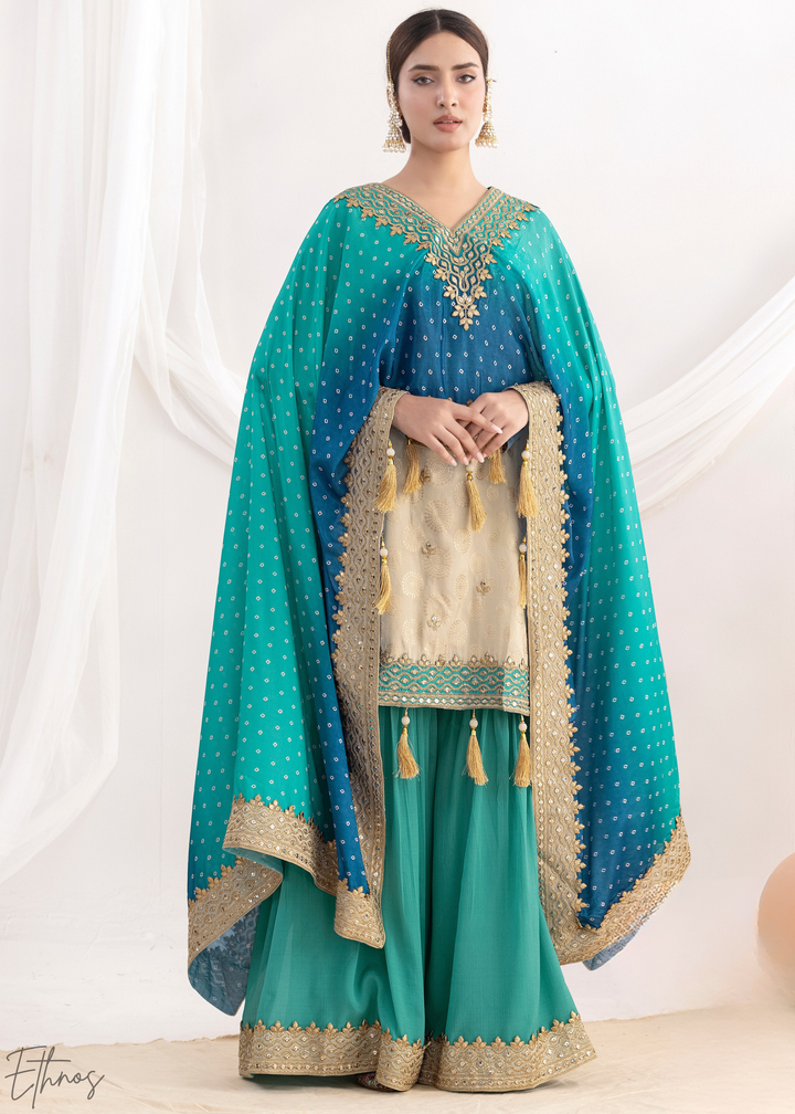 Beige & Blue Simmer Jaquard Sharara Suit