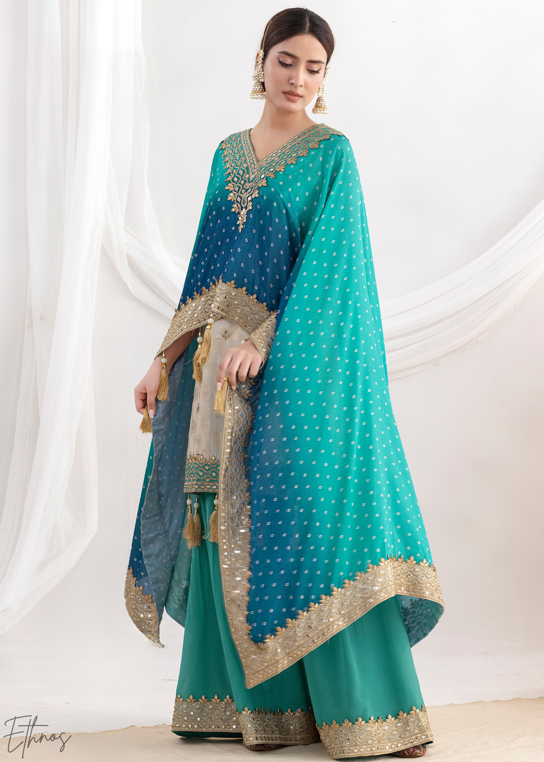 Beige & Blue Simmer Jaquard Sharara Suit
