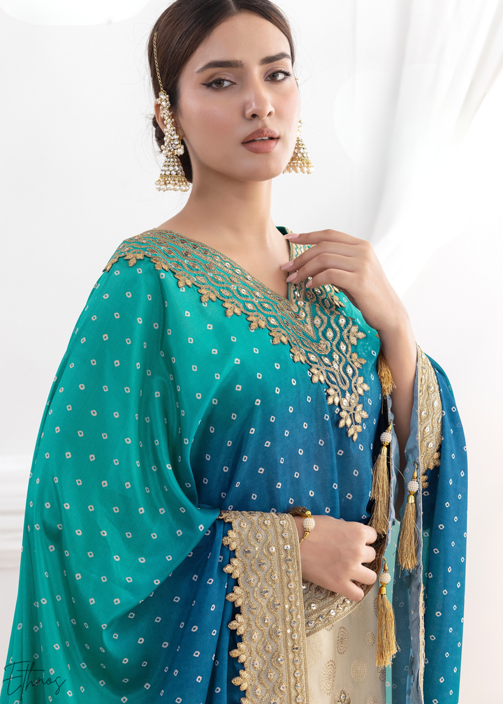 Beige & Blue Simmer Jaquard Sharara Suit