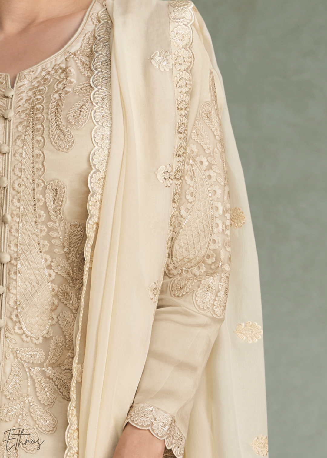 Beige Cream Floral Embroidered Chinon Silk Palazzo Suit Set