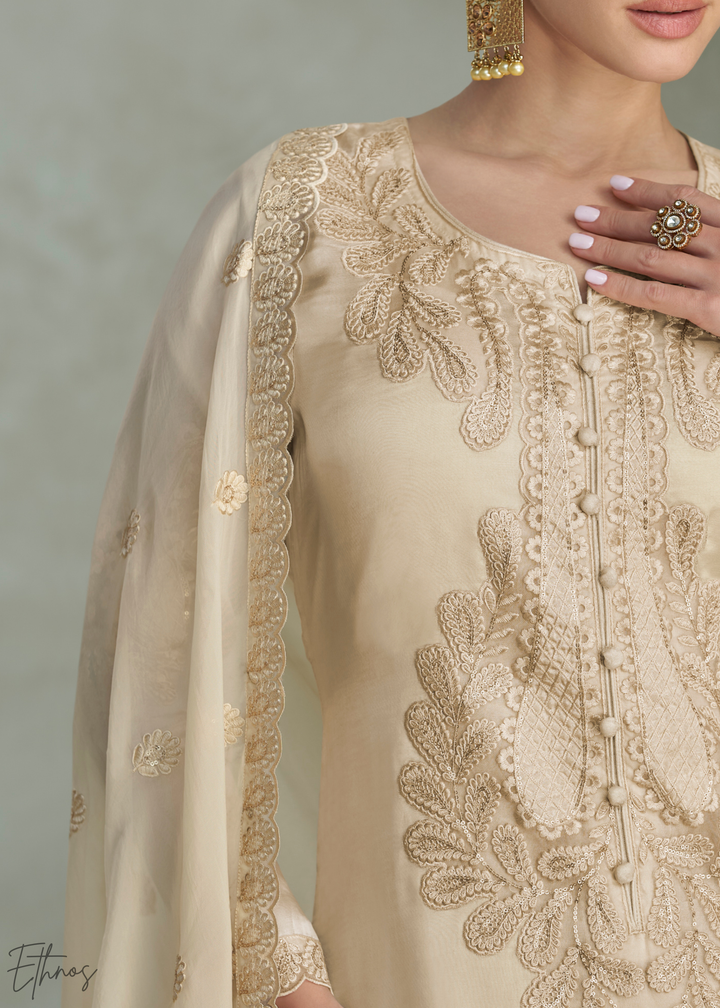 Beige Cream Floral Embroidered Chinon Silk Palazzo Suit Set