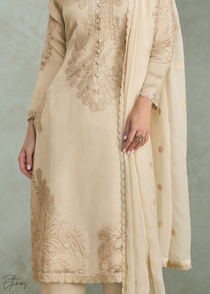 Beige Cream Floral Embroidered Chinon Silk Palazzo Suit Set
