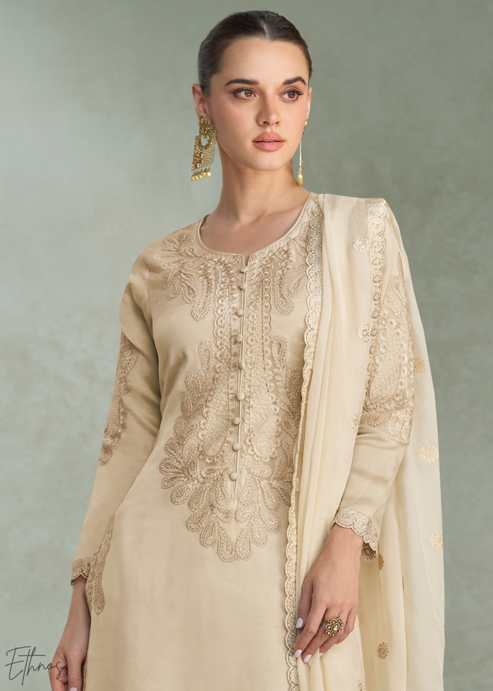 Beige Cream Floral Embroidered Chinon Silk Palazzo Suit Set