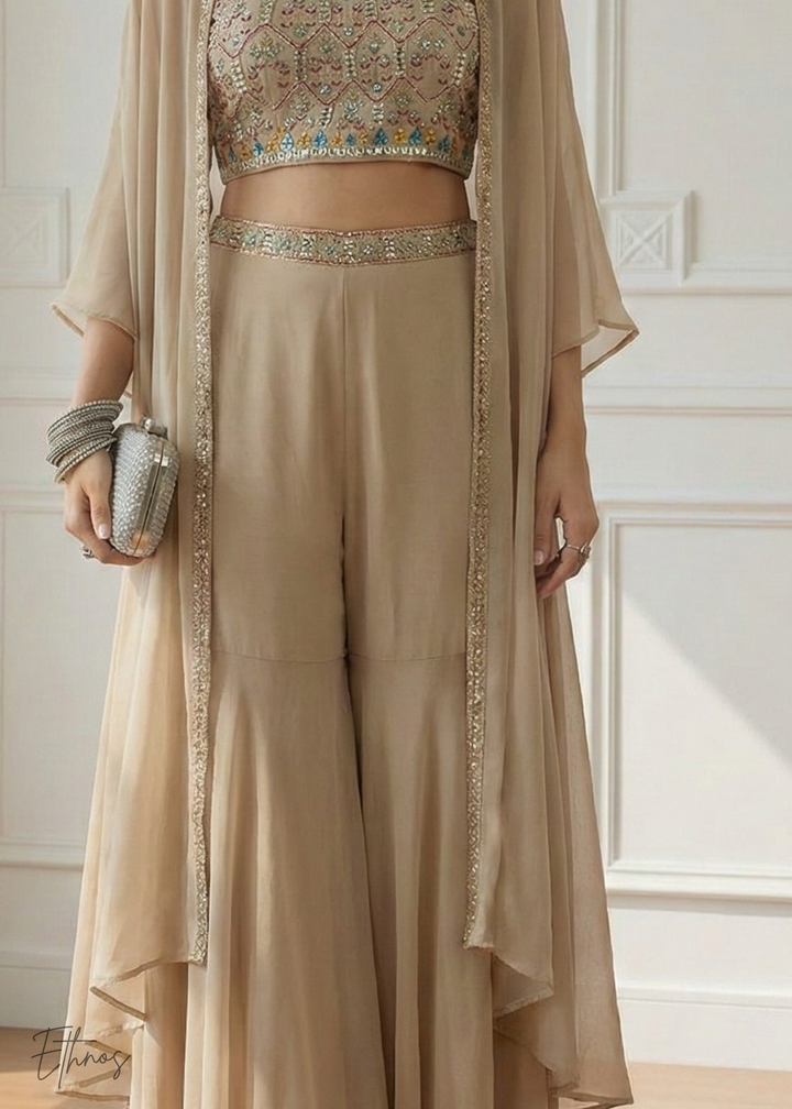 Beige Georgette Shrug Choli Sharara Suit