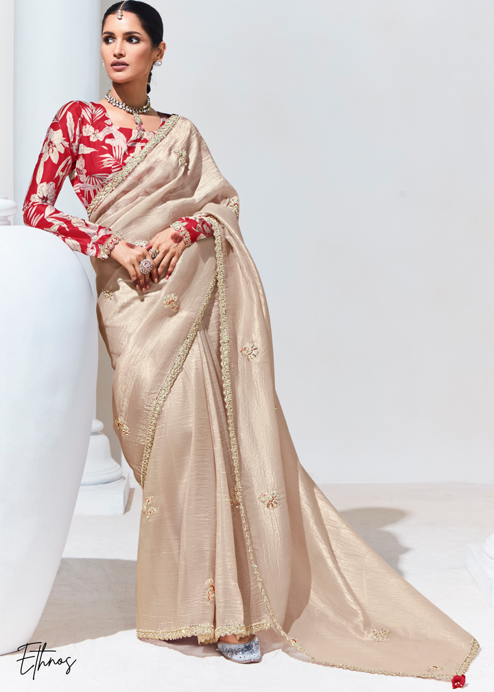 Biege Glass Tissue Organza Saree