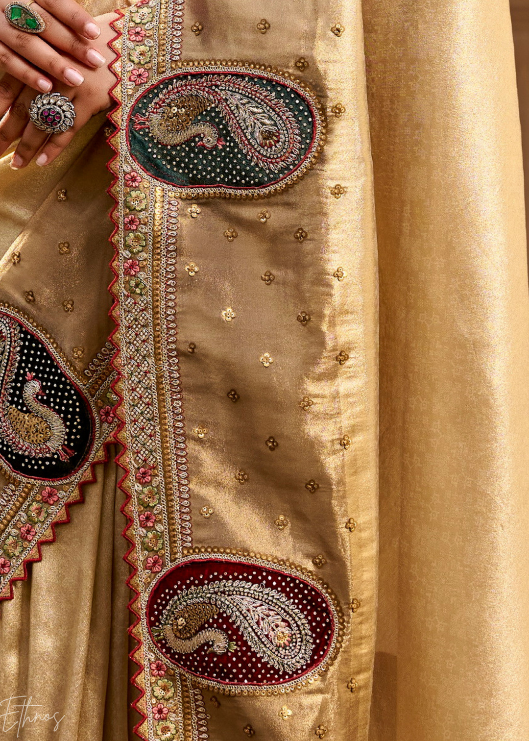 Beige Gold Paisley Border Satin Silk Saree