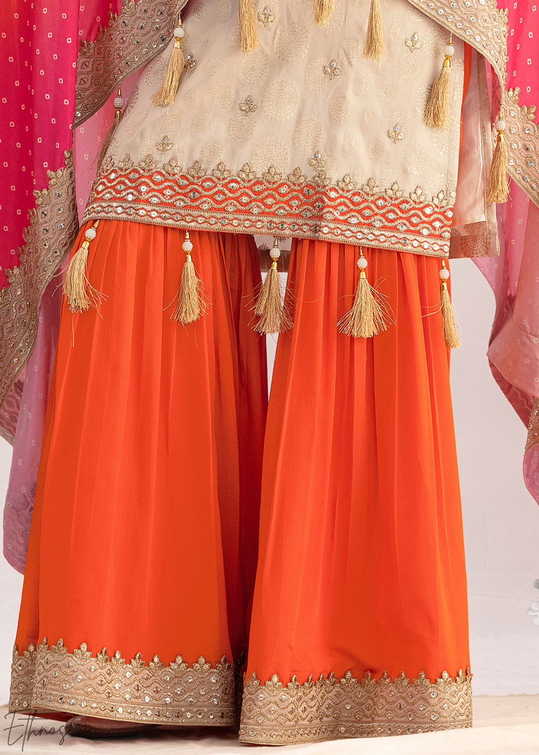 Beige & Orange Simmer Jaquard Sharara Suit