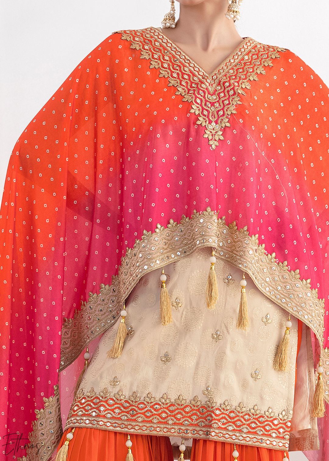 Beige & Orange Simmer Jaquard Sharara Suit