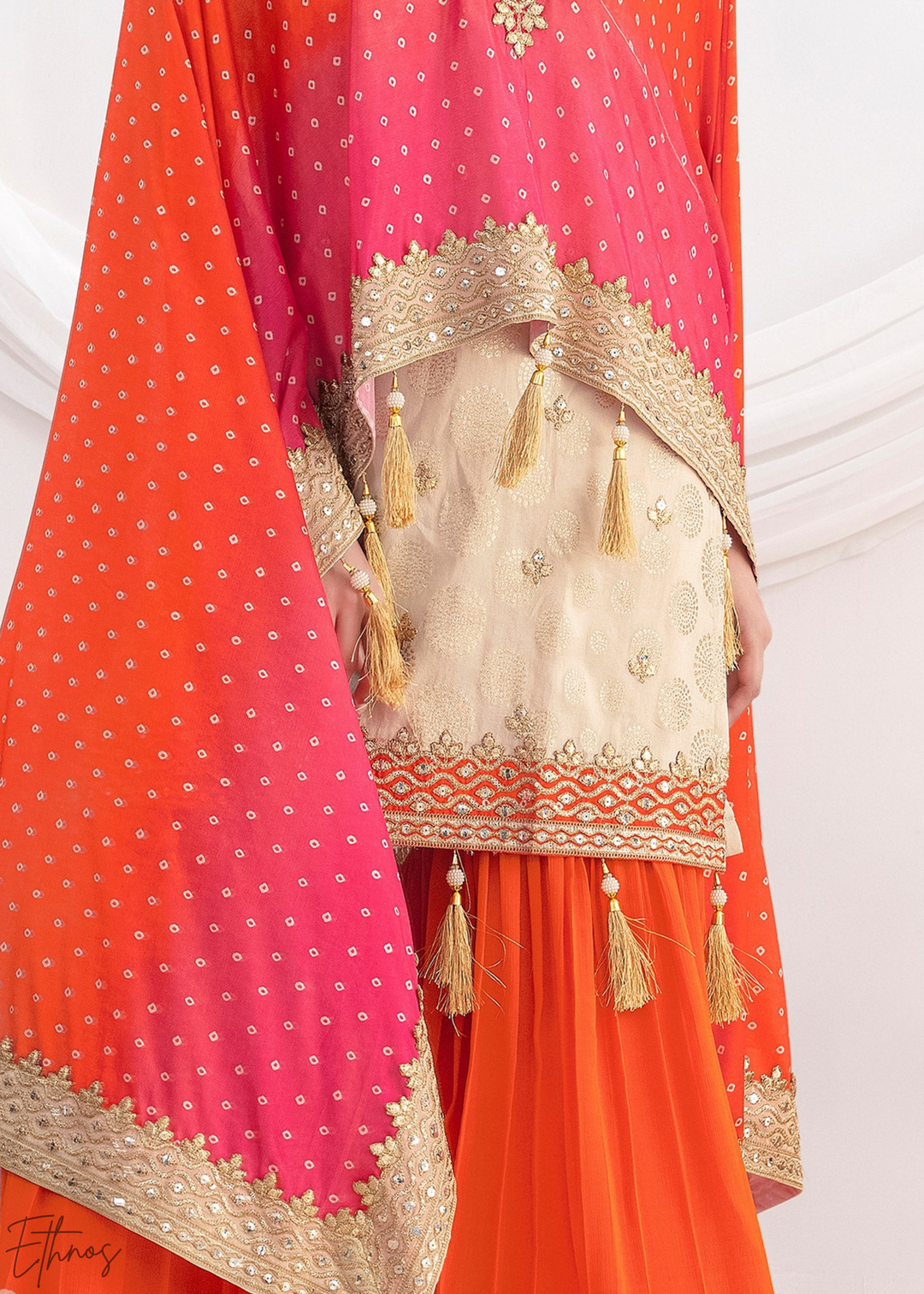 Beige & Orange Simmer Jaquard Sharara Suit