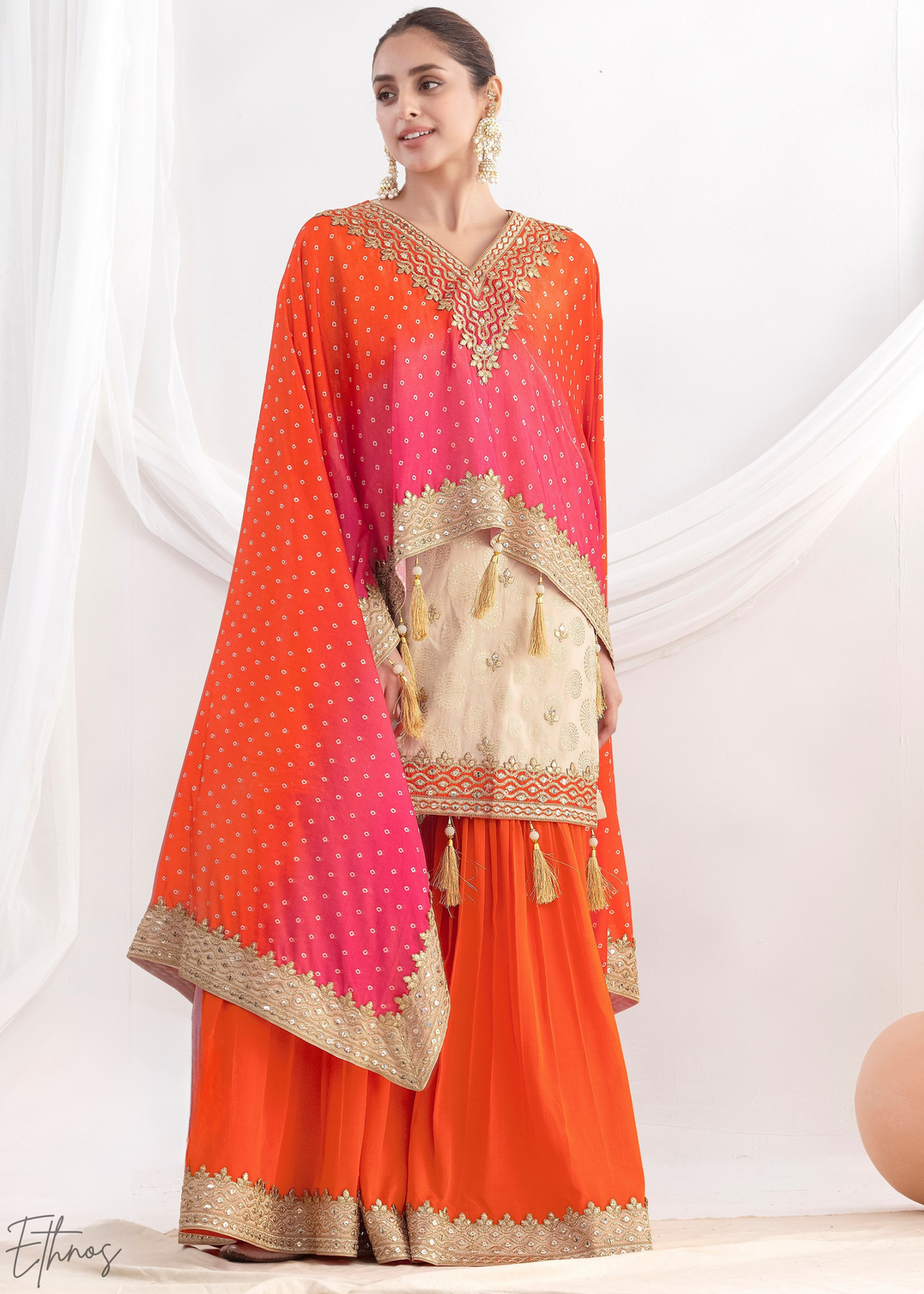 Beige & Orange Simmer Jaquard Sharara Suit