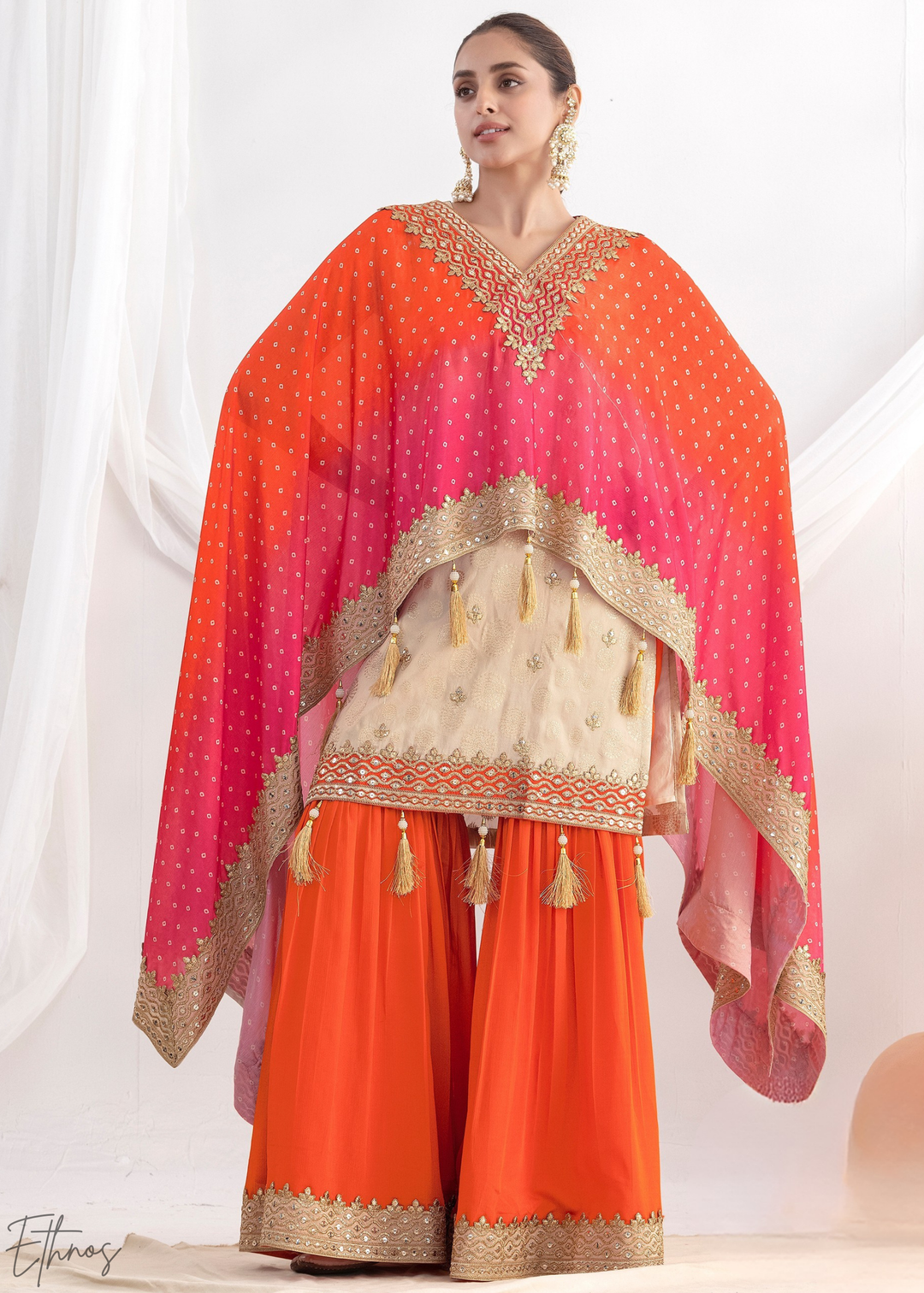 Beige & Orange Simmer Jaquard Sharara Suit
