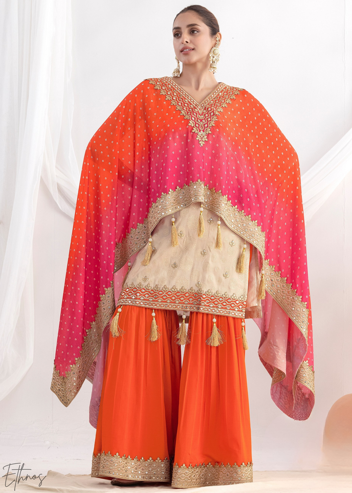 Beige & Orange Simmer Jaquard Sharara Suit