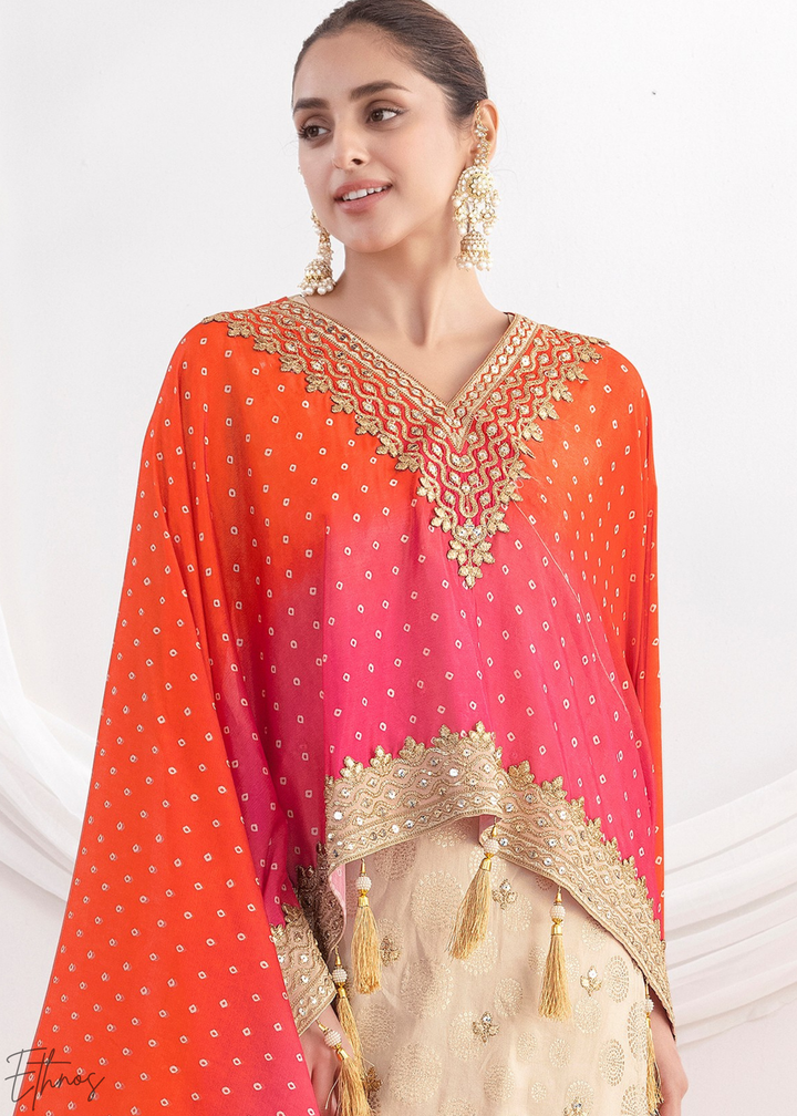 Beige & Orange Simmer Jaquard Sharara Suit