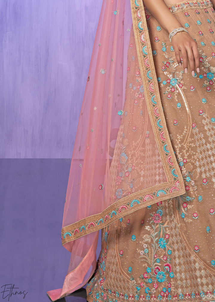 Beige & Pink Floral Embroidered Georgette Lehenga Choli Set