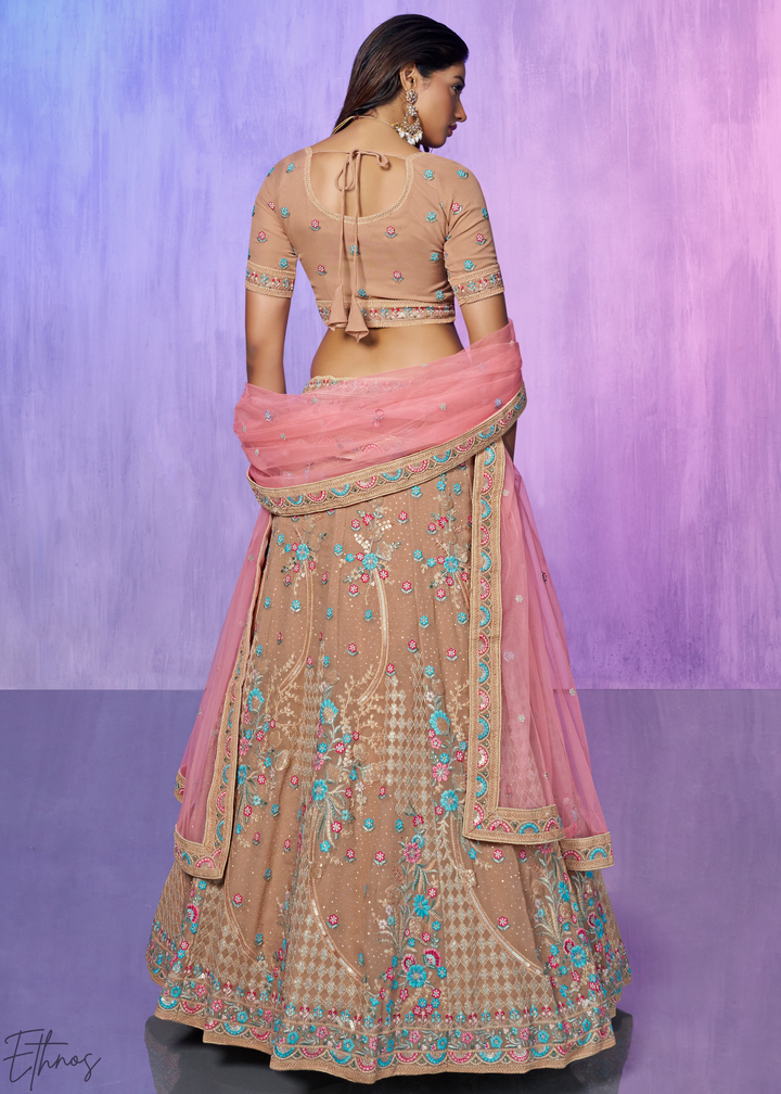 Beige & Pink Floral Embroidered Georgette Lehenga Choli Set