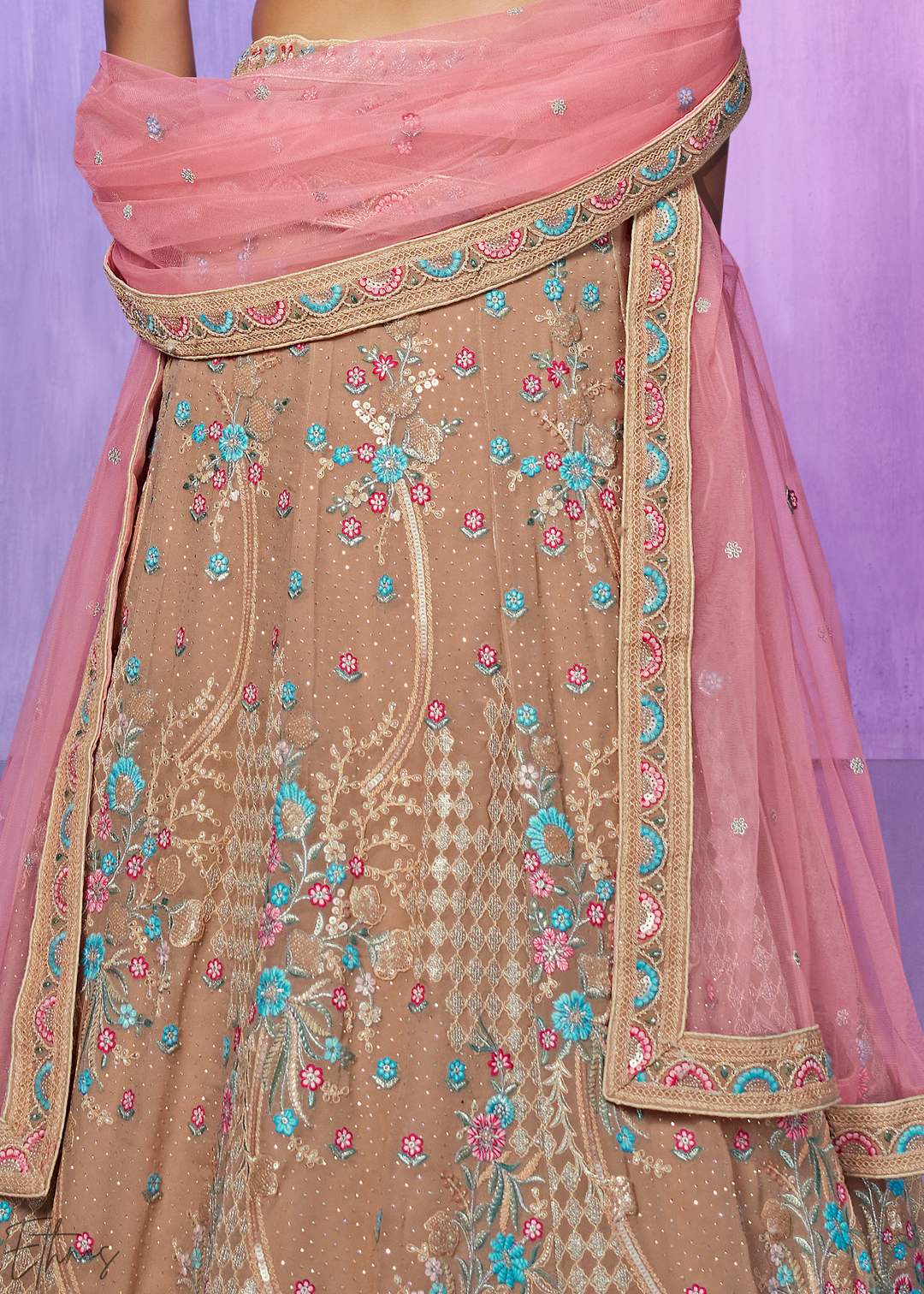 Beige & Pink Floral Embroidered Georgette Lehenga Choli Set