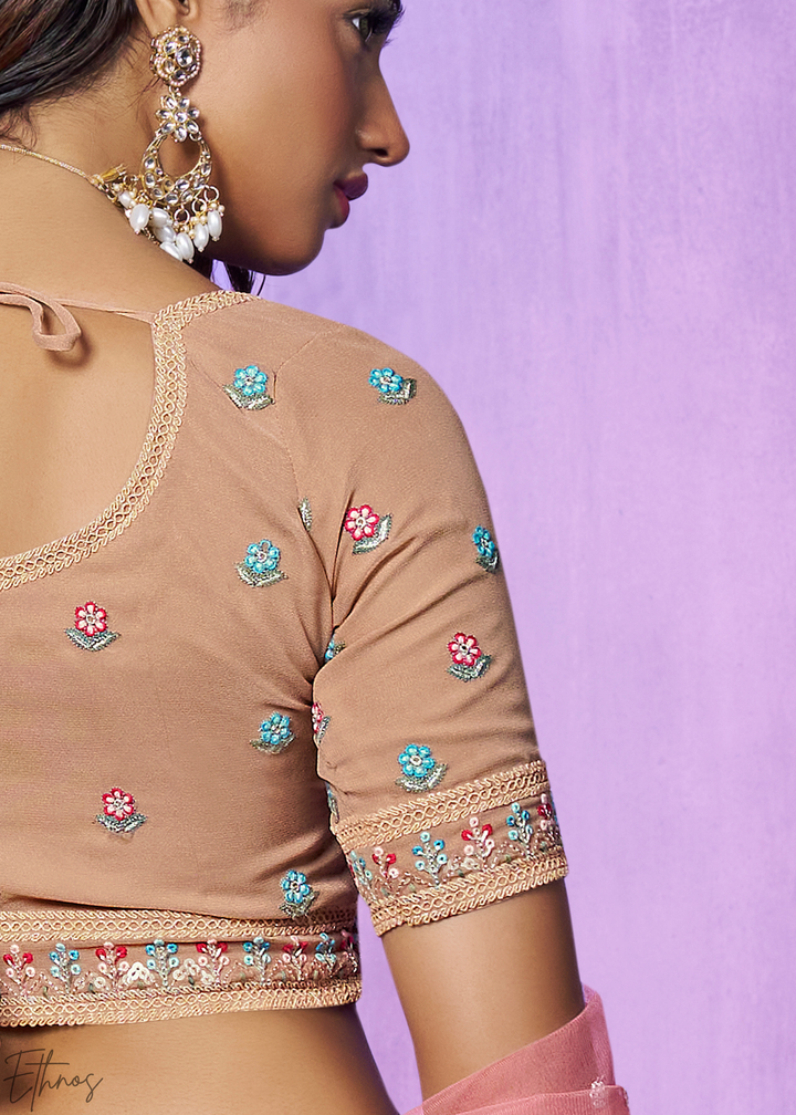 Beige & Pink Floral Embroidered Georgette Lehenga Choli Set