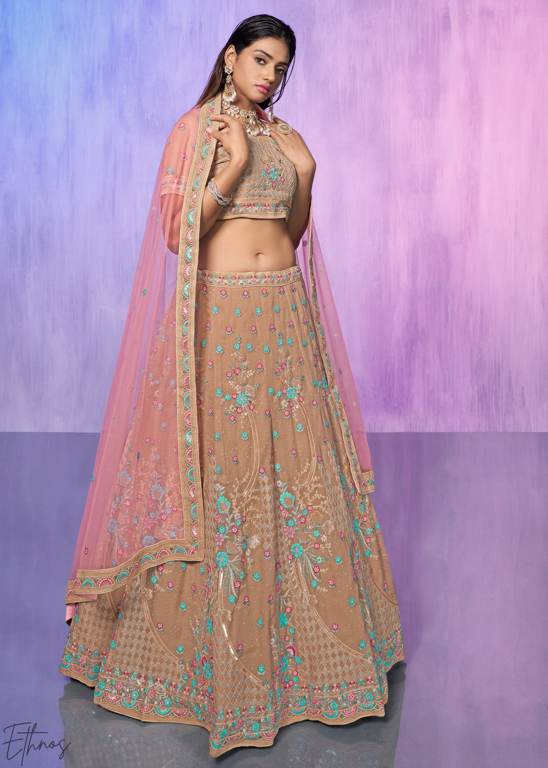 Beige & Pink Floral Embroidered Georgette Lehenga Choli Set