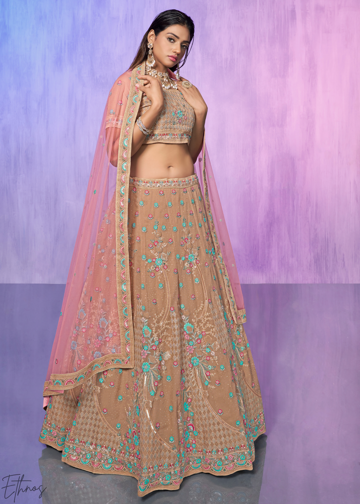 Beige & Pink Floral Embroidered Georgette Lehenga Choli Set