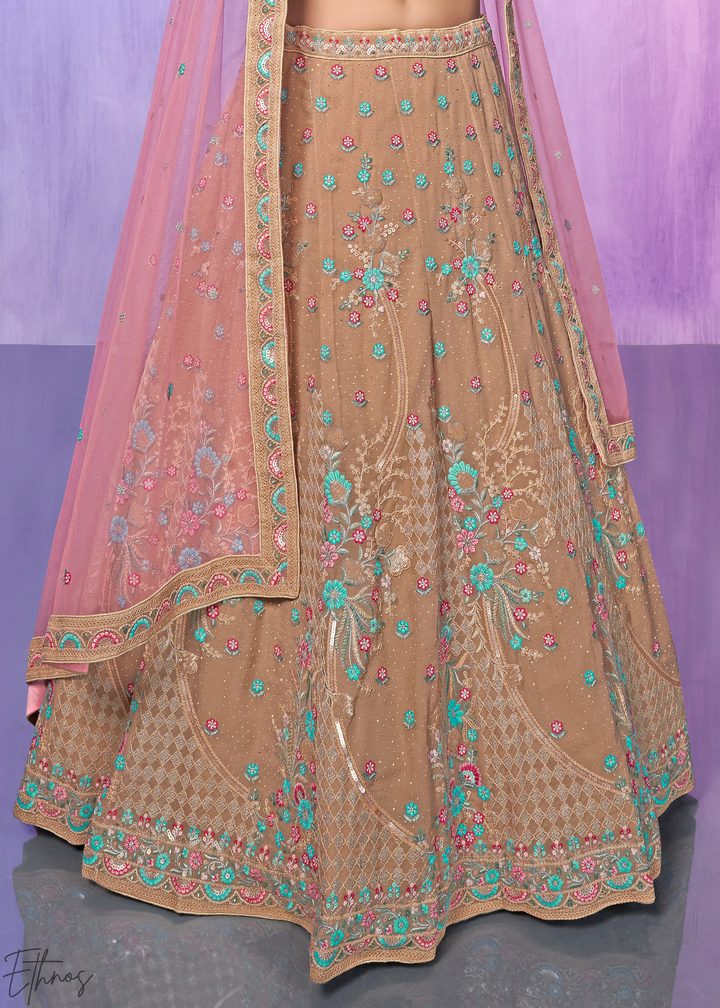 Beige & Pink Floral Embroidered Georgette Lehenga Choli Set