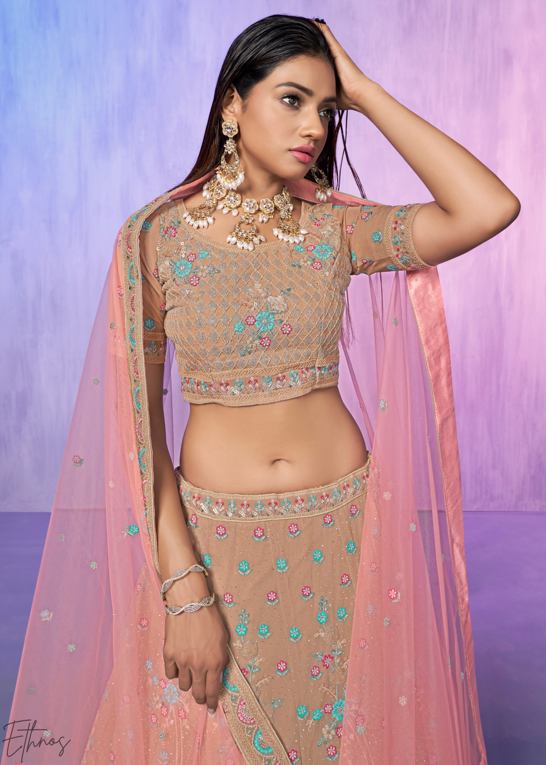 Beige & Pink Floral Embroidered Georgette Lehenga Choli Set