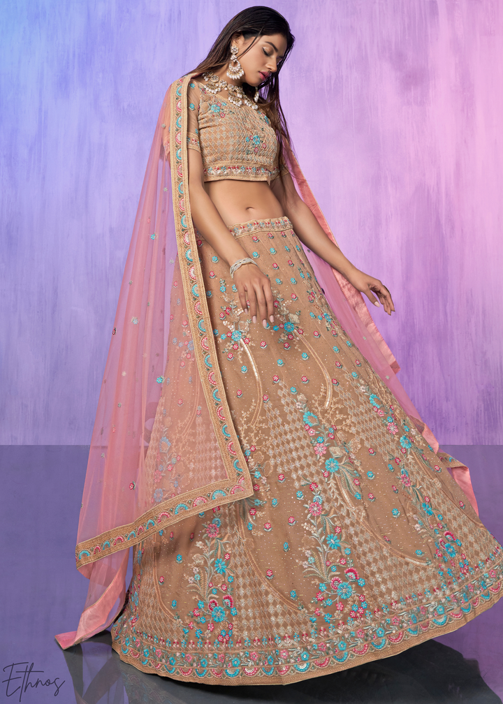 Beige & Pink Floral Embroidered Georgette Lehenga Choli Set