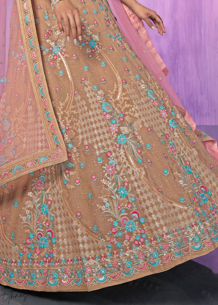 Beige & Pink Floral Embroidered Georgette Lehenga Choli Set