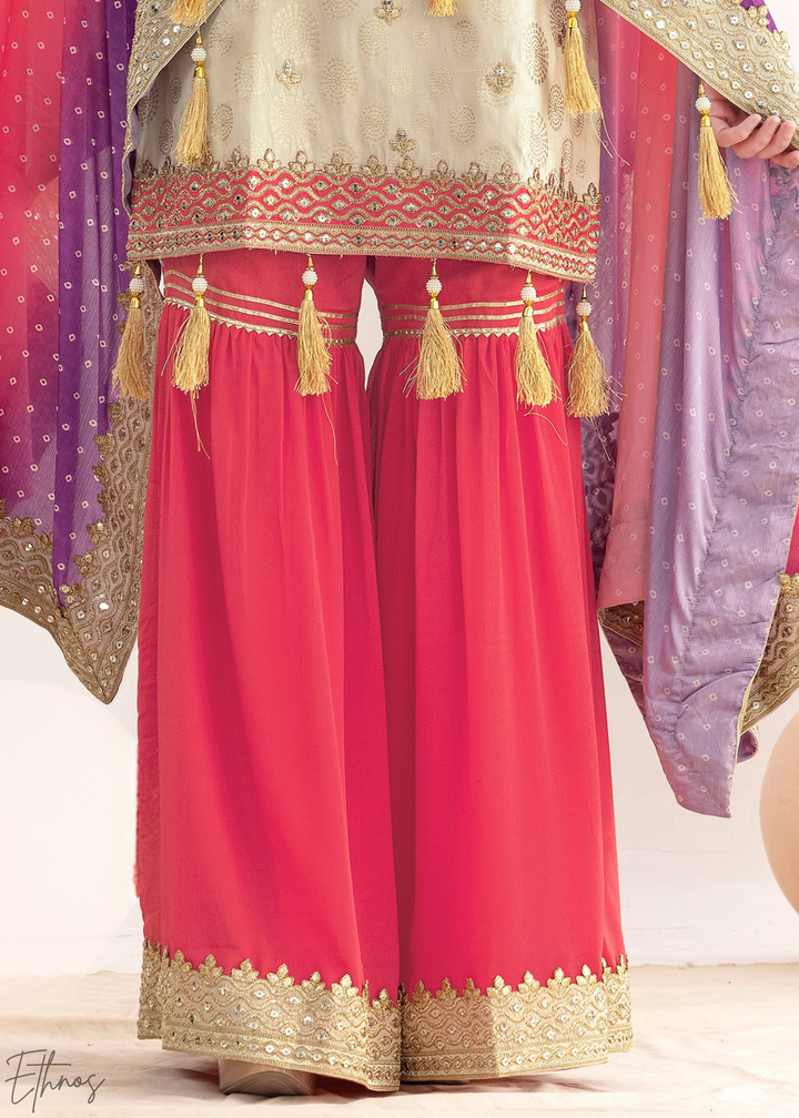 Beige & Pink Simmer Jaquard Sharara Suit