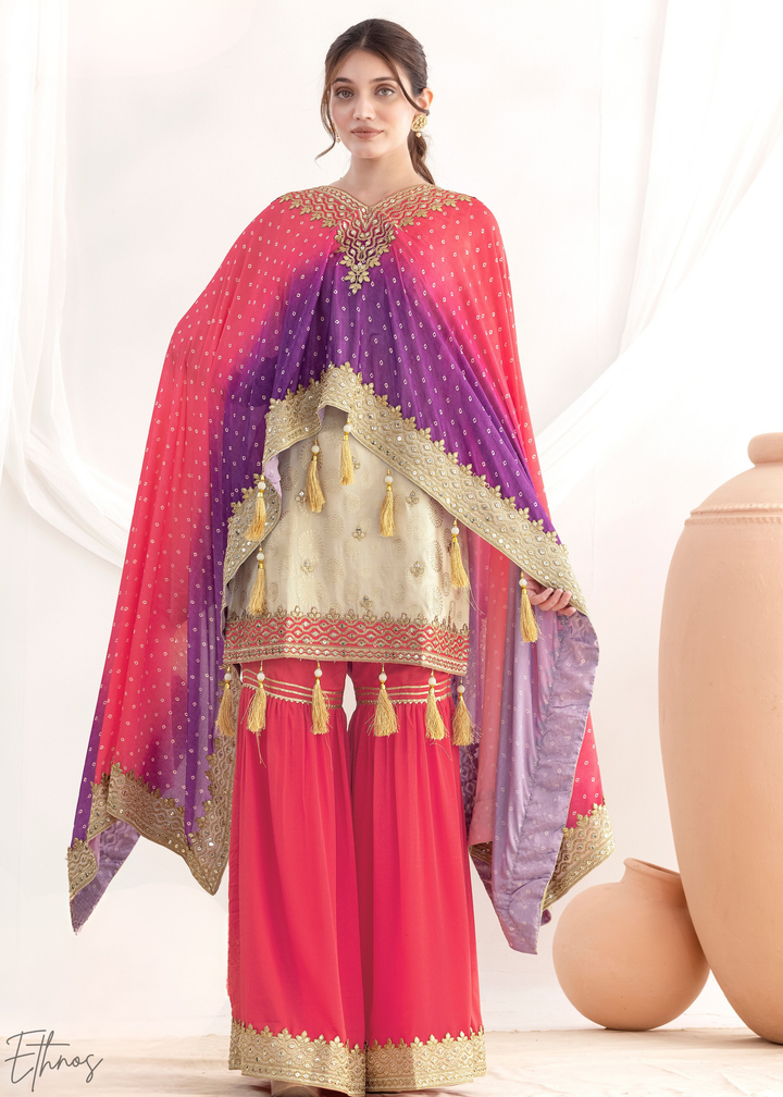 Beige & Pink Simmer Jaquard Sharara Suit