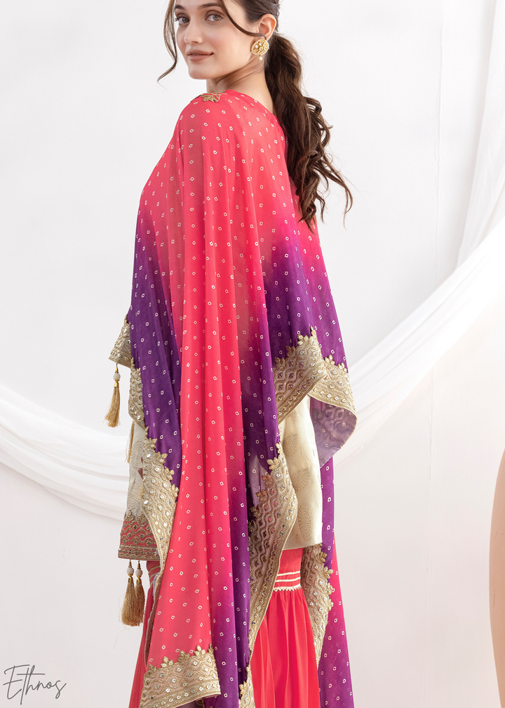 Beige & Pink Simmer Jaquard Sharara Suit