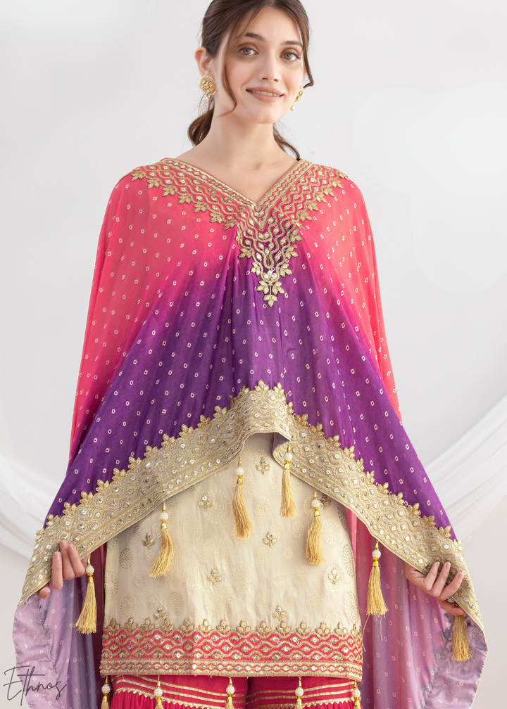 Beige & Pink Simmer Jaquard Sharara Suit
