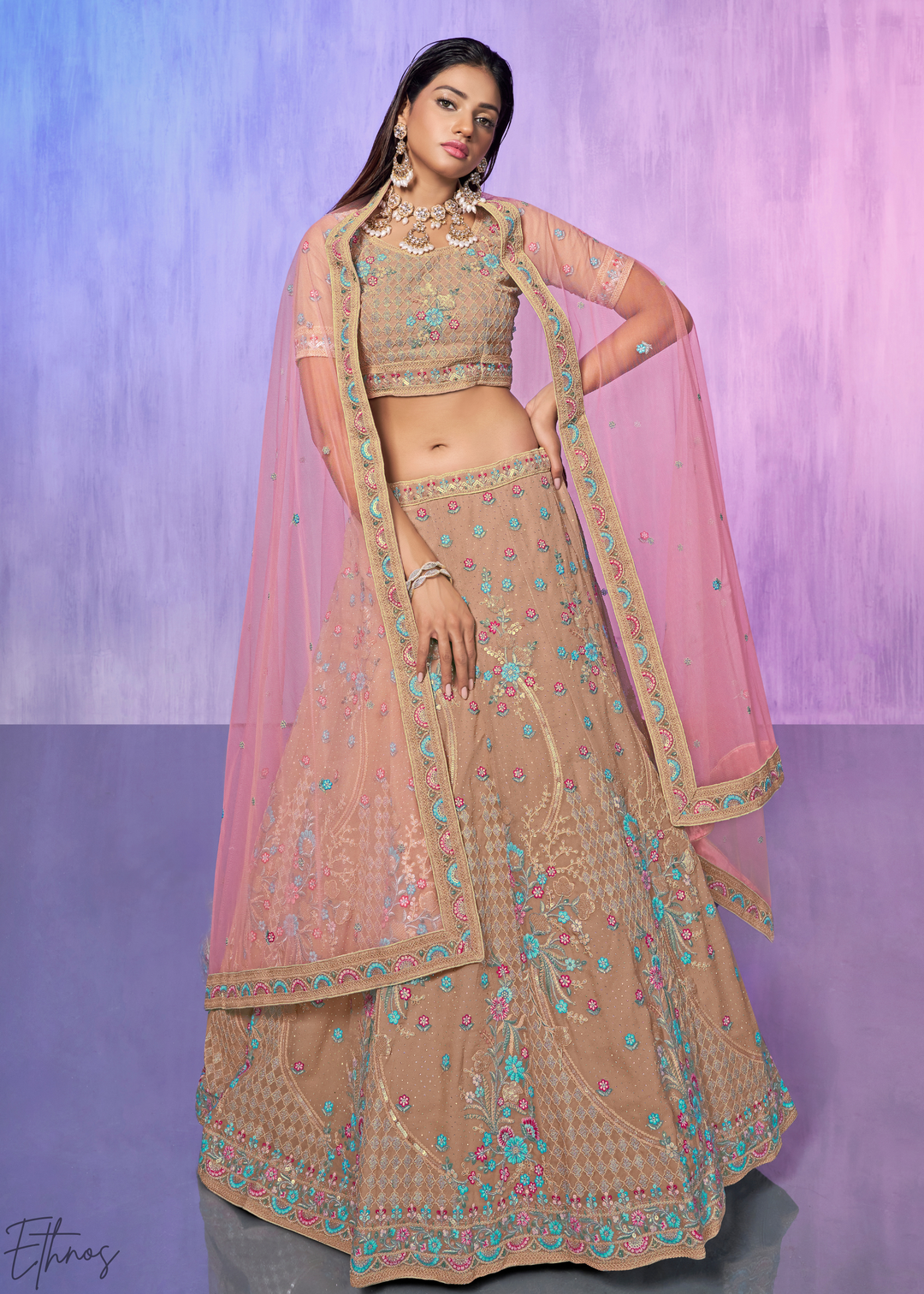Beige & Pink Floral Embroidered Georgette Lehenga Choli Set