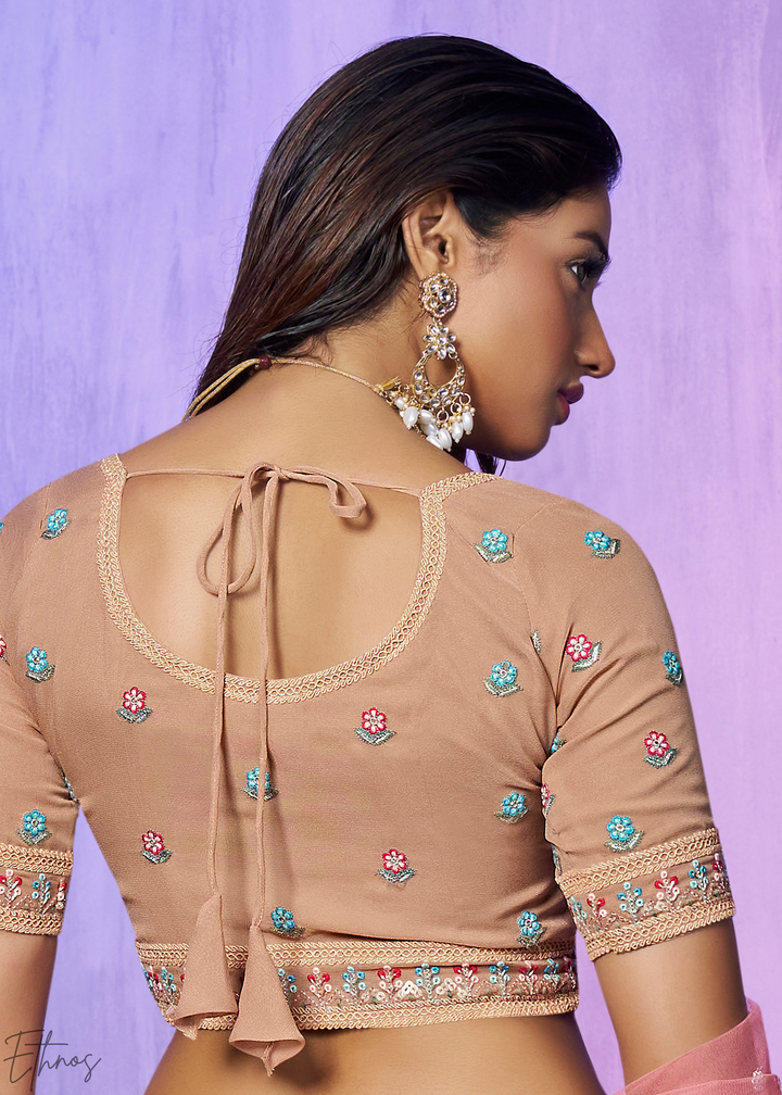 Beige & Pink Floral Embroidered Georgette Lehenga Choli Set