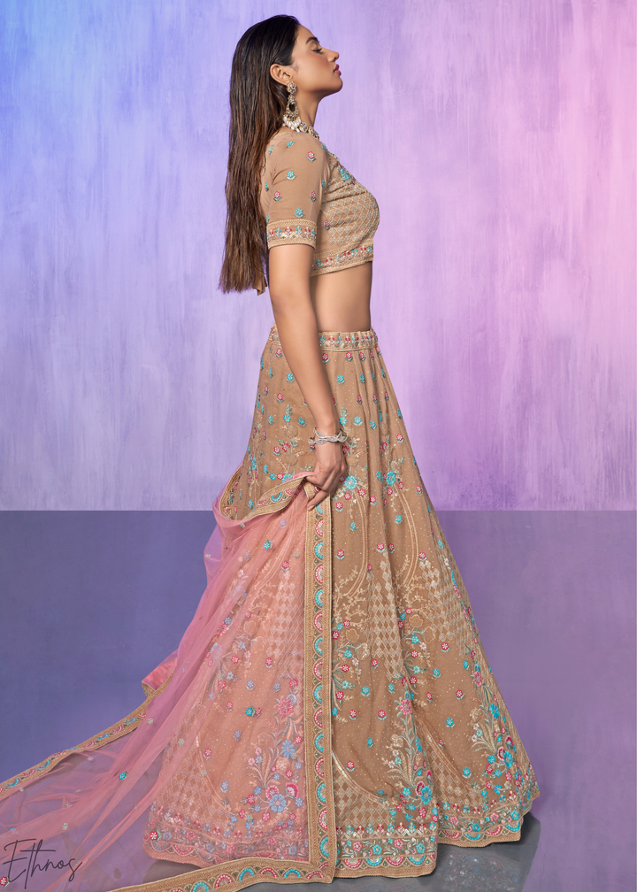 Beige & Pink Floral Embroidered Georgette Lehenga Choli Set