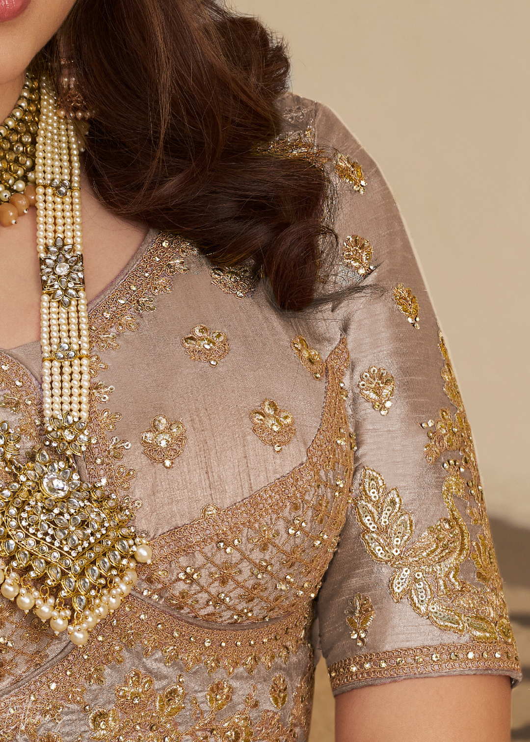 Beige Zari Embroidered Banarasi Silk Lehenga