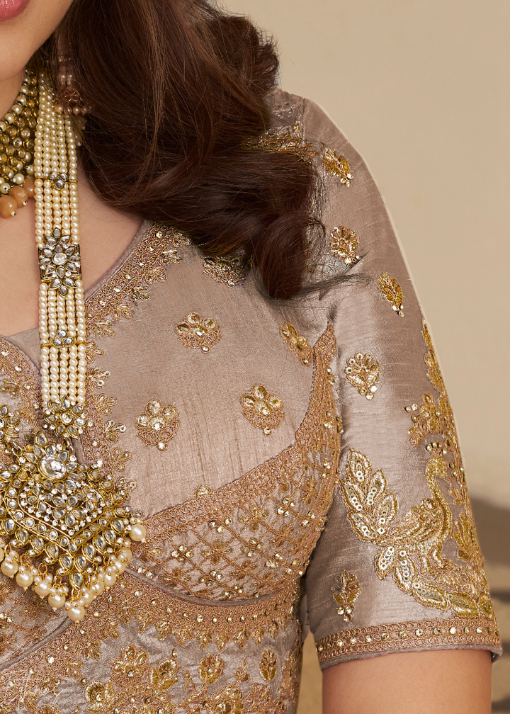 Beige Zari Embroidered Banarasi Silk Lehenga