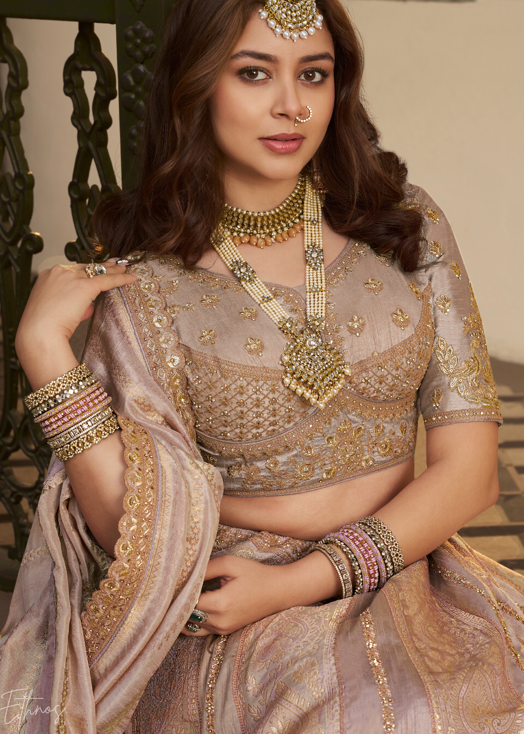 Beige Zari Embroidered Banarasi Silk Lehenga