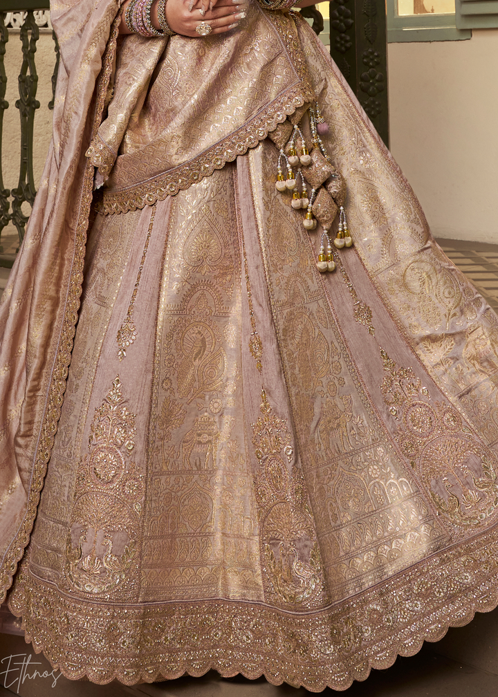 Beige Zari Embroidered Banarasi Silk Lehenga