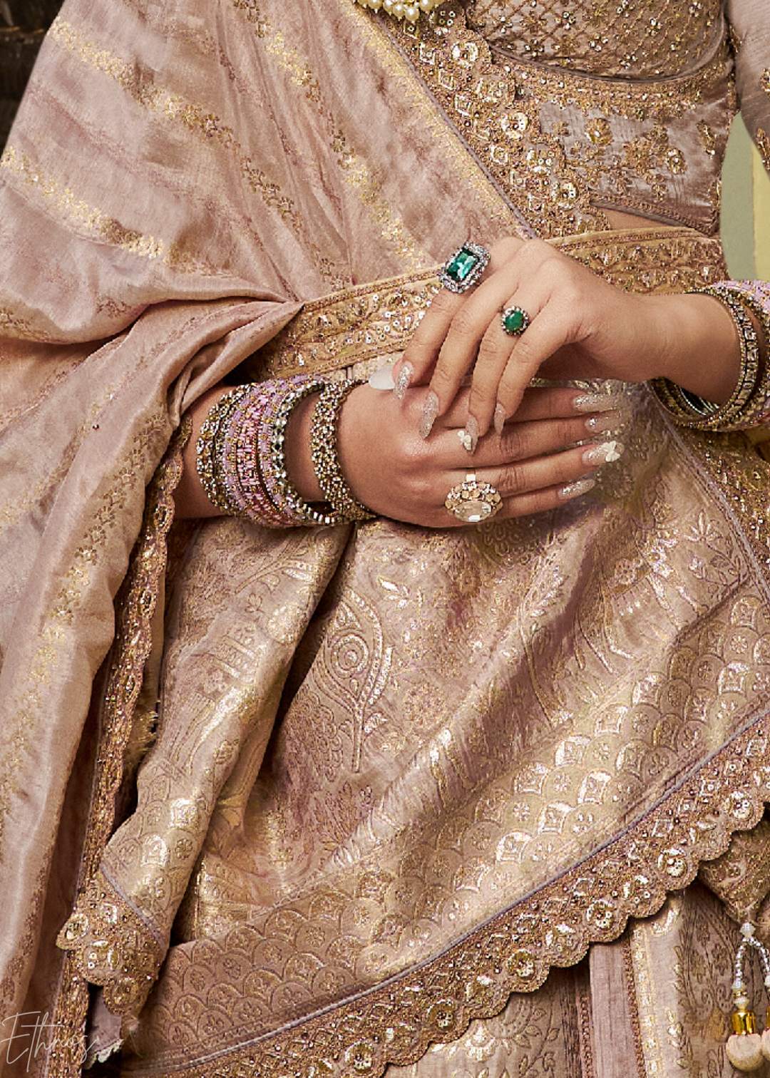 Beige Zari Embroidered Banarasi Silk Lehenga