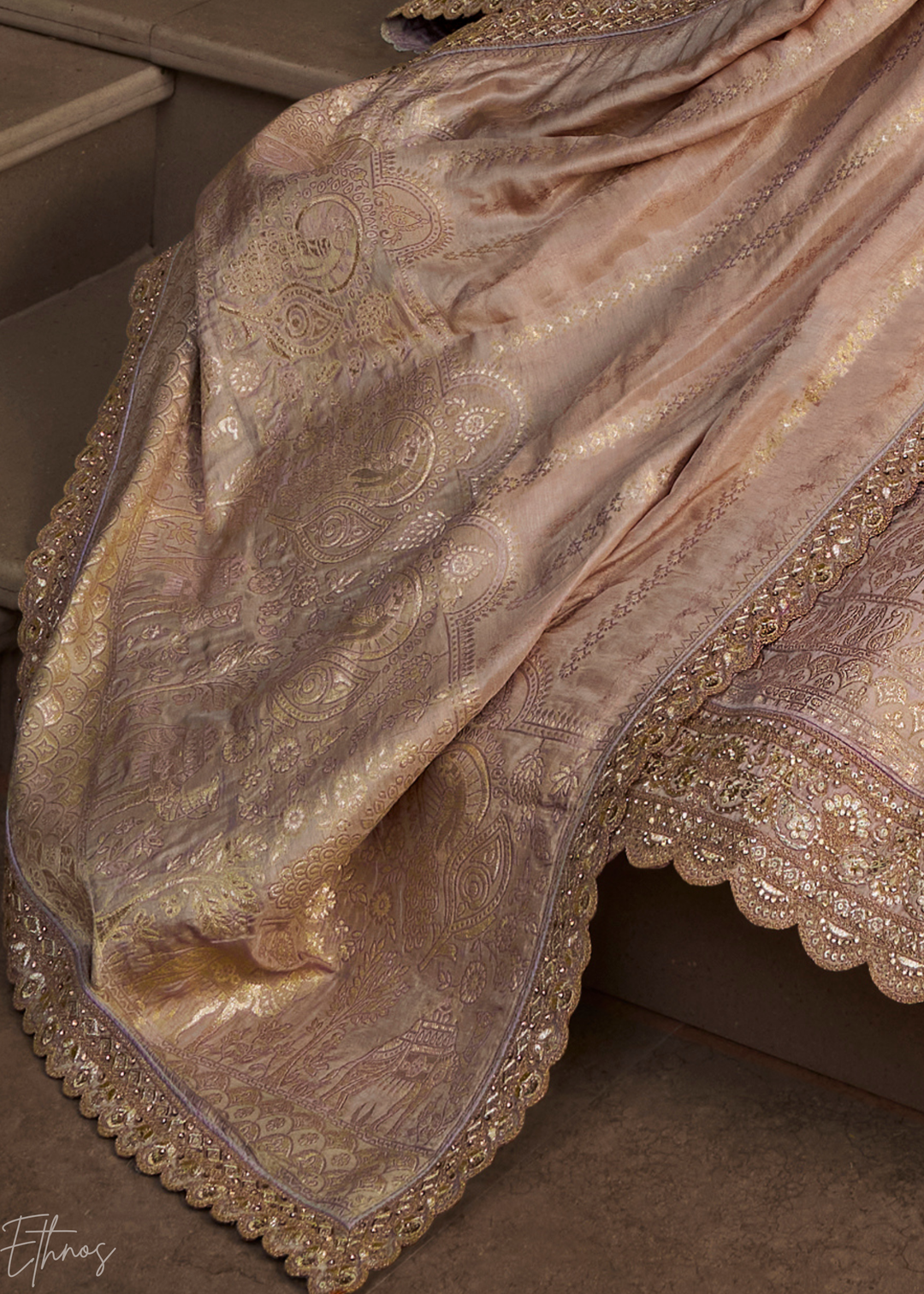 Beige Zari Embroidered Banarasi Silk Lehenga