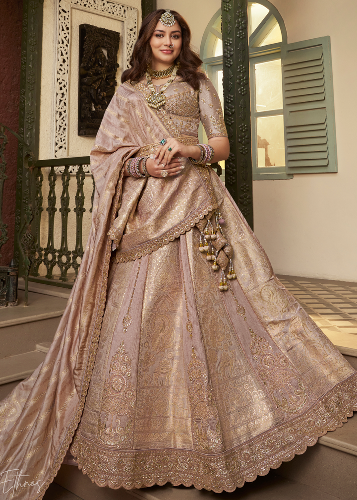 Beige Zari Embroidered Banarasi Silk Lehenga