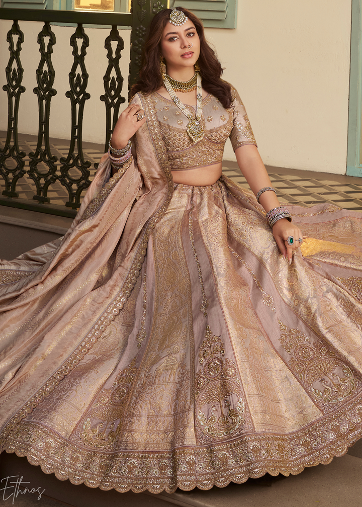 Beige Zari Embroidered Banarasi Silk Lehenga