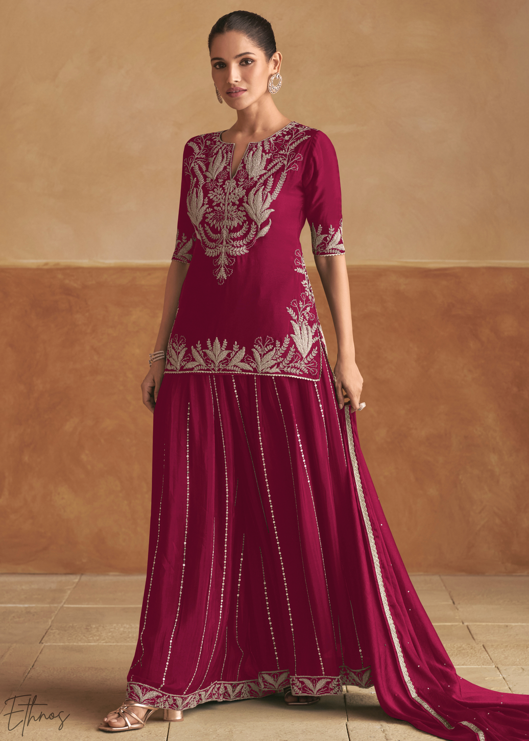 Berry Fuchsia Baroque-Embroidered Chinon Sharara Suit