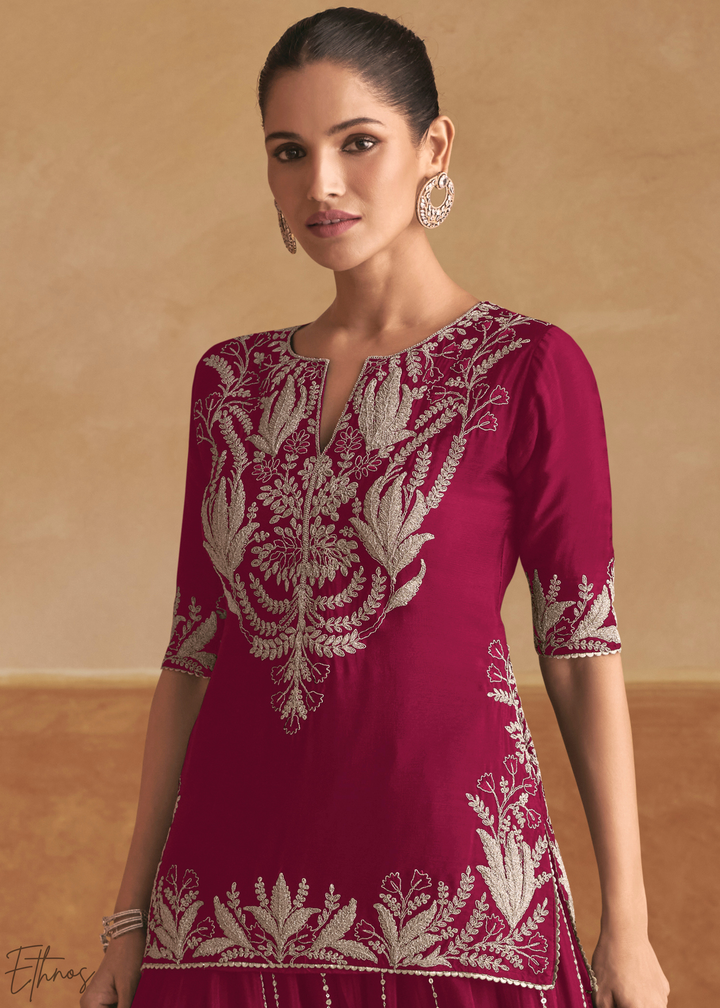 Berry Fuchsia Baroque-Embroidered Chinon Sharara Suit