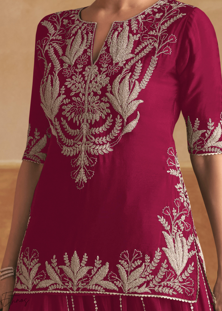 Berry Fuchsia Baroque-Embroidered Chinon Sharara Suit