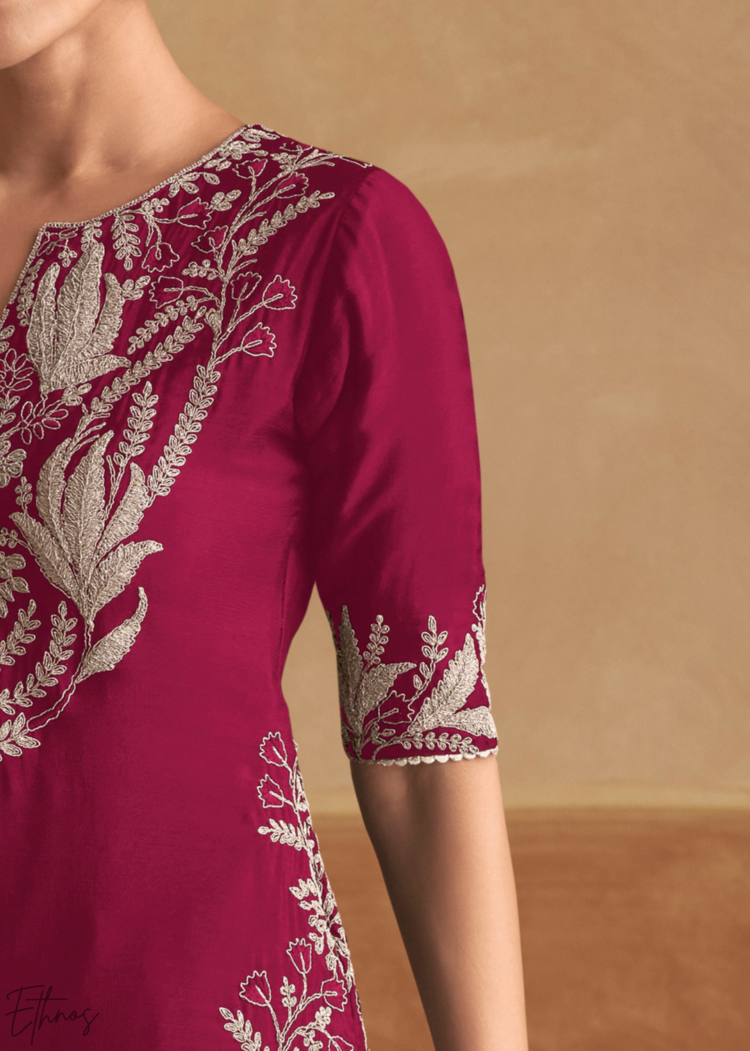 Berry Fuchsia Baroque-Embroidered Chinon Sharara Suit